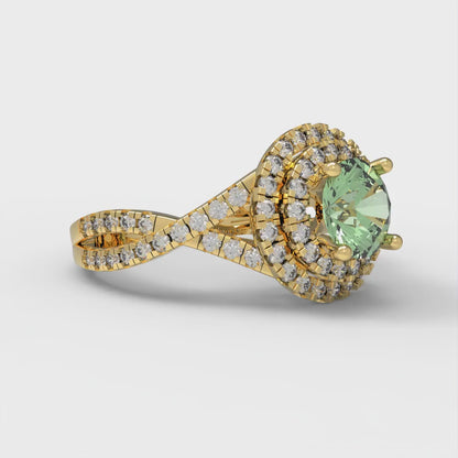 1.3125 cttw Zirconia Simulated Green Diamond Hidden Halo Engagement Ring - Solid Gold (VVS1, Round Cut,6mm)