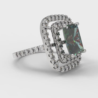 2.62 cttw Blue Moissanite Hidden Halo Engagement Ring - Solid White Gold (VVS1, Emerald Cut,8X6.0mm)