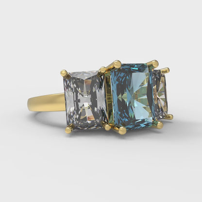 4 cttw Zirconia Simulated Blue Diamond Three-Stone Engagement Ring - Solid Yellow Gold (VVS1, Emerald Cut,8x6mm)