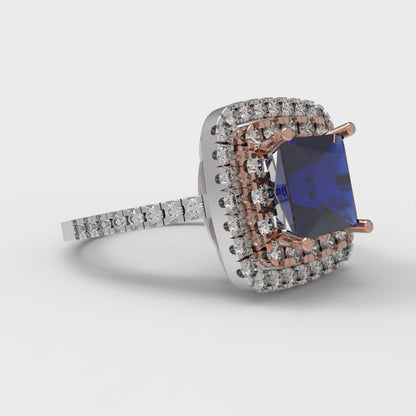 2.07 cttw Simulated Blue Sapphire Hidden Halo Engagement Ring - Solid White/Rose Gold (VVS1, Princess Cut,6.5mm)