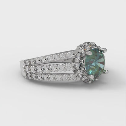 1.83 cttw Blue Moissanite Hidden Halo Engagement Ring - Solid White Gold (VVS1, Round Cut,6.5mm)