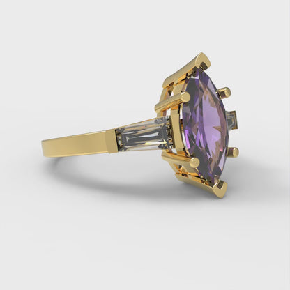 2 cttw Natural Amethyst Three-Stone Engagement Ring - Solid Gold (Marquise Cut,11x5.5mm)