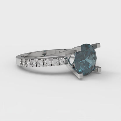 1.71 cttw Natural London Blue Topaz Solitaire with Zirconia Simulated Diamond Accents Engagement Ring - Solid White Gold (VVS1, Round Cut,7.5mm)