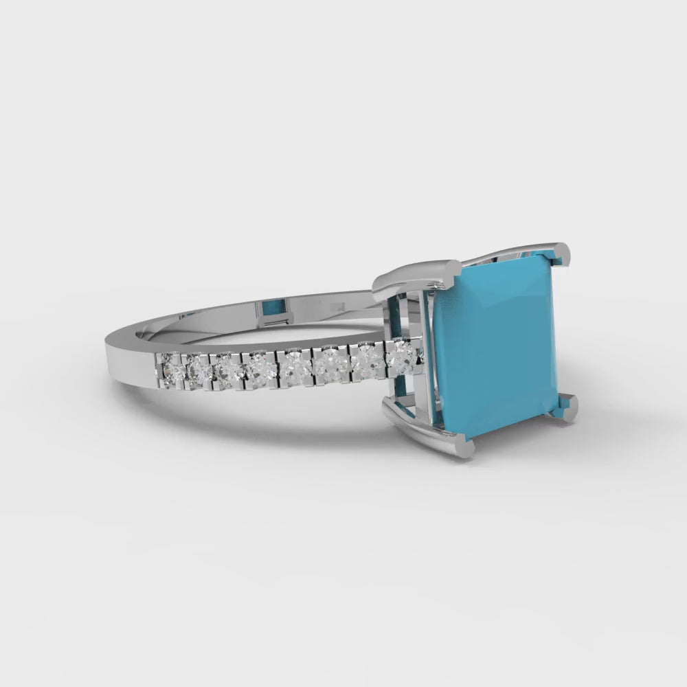 1.62 cttw Simulated Turquoise Solitaire with Zirconia Simulated Diamond Accents Engagement Ring - Solid Gold (Princess Cut,6.5mm)