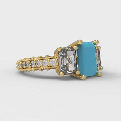 3.61 cttw Simulated Turquoise Three-Stone Engagement Ring - Solid Gold (Emerald Cut,8x6mm)