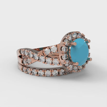 1.795 cttw Round Cut Simulated Turquoise Bridal Set - Solid Rose Gold Engagement Ring & Wedding Band