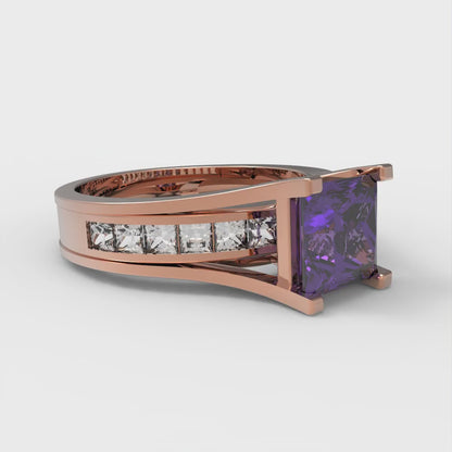 2.28 cttw Princess Cut Natural Amethyst Bridal Set - Solid Rose Gold Engagement Ring & Wedding Band