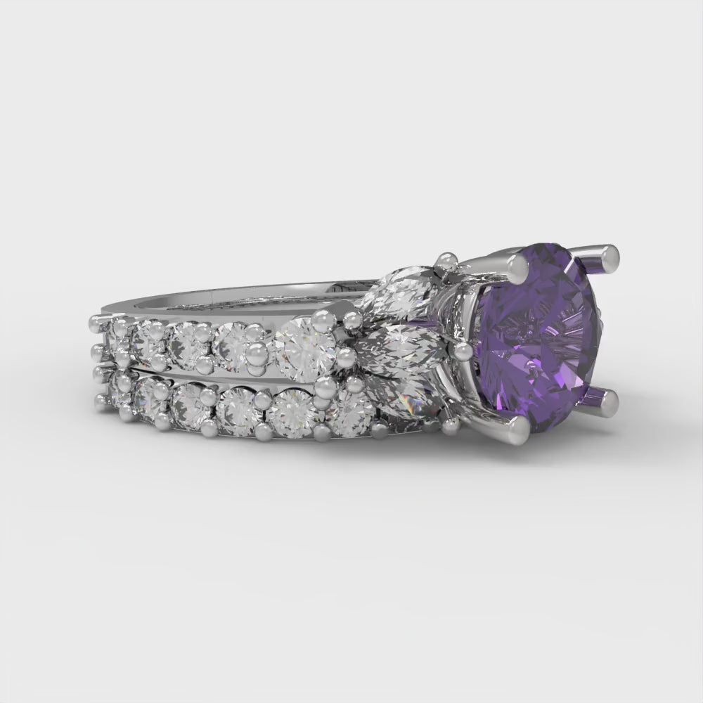 2.94 cttw Round Cut Natural Amethyst Bridal Set - Solid White Gold Engagement Ring & Wedding Band