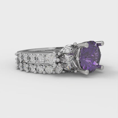 2.94 cttw Round Cut Natural Amethyst Bridal Set - Solid White Gold Engagement Ring & Wedding Band
