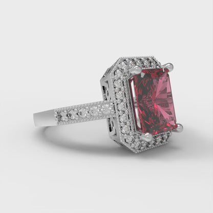 2.78 cttw Simulated Ruby Hidden Halo Engagement Ring - Solid White Gold (VVS1, Emerald Cut,8.5x6.5mm)