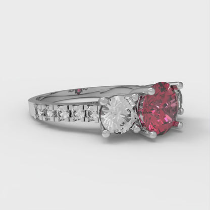 1.97 cttw Simulated Ruby Three-Stone Engagement Ring - Solid Gold (Round Cut,6.5mm)