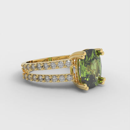 3.48 cttw Natural Peridot Solitaire with Zirconia Simulated Diamond Accents Engagement Ring - Solid Gold (Long Cushion Cut,9x7mm)