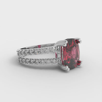 3.48 cttw Simulated Ruby Solitaire with Zirconia Simulated Diamond Accents Engagement Ring - Solid White Gold (VVS1, Long Cushion Cut,9x7mm)