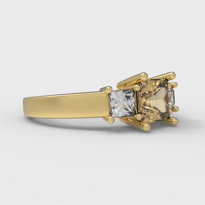 1.11 cttw Zirconia Simulated Champagne Diamond Three-Stone Engagement Ring - Solid Yellow Gold (VVS1, Princess Cut,5.0mm)