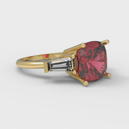 3 cttw Simulated Ruby Three-Stone Engagement Ring - Solid Yellow Gold (VVS1, Cushion Cut,8.0mm)
