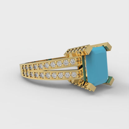 2.45 cttw Simulated Turquoise Solitaire with Zirconia Simulated Diamond Accents Engagement Ring - Solid Gold (Emerald Cut,8x6mm)