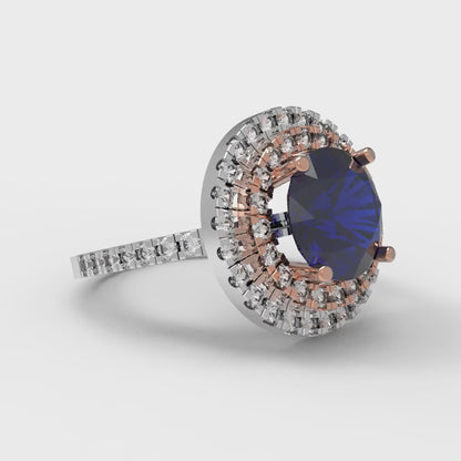 2.6 cttw Simulated Blue Sapphire Hidden Halo Engagement Ring - Solid White/Rose Gold (VVS1, Round Cut,8.0mm)