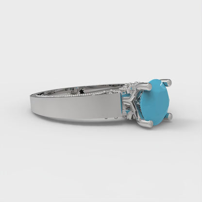 1.06 cttw Simulated Turquoise Solitaire with Zirconia Simulated Diamond Accents Engagement Ring - Solid White Gold (VVS1, Round Cut,6.5mm)