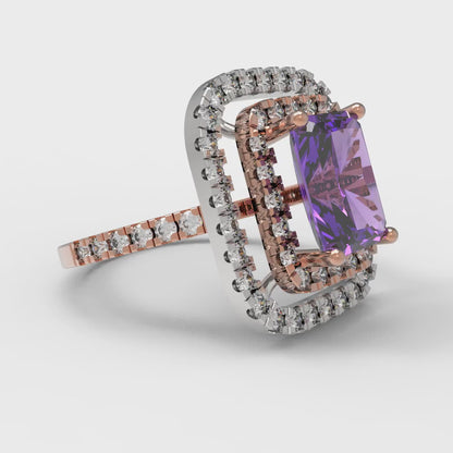 2.62 cttw Simulated Alexandrite Hidden Halo Engagement Ring - Solid Rose/White Gold (VVS1, Emerald Cut,8X6.0mm)