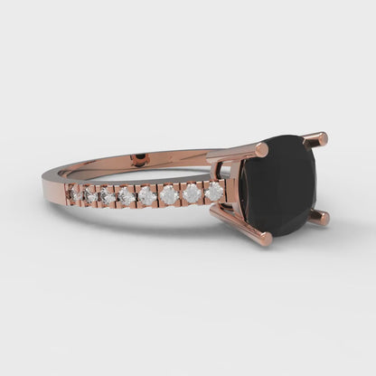 2.7 cttw Natural Onyx Solitaire with Zirconia Simulated Diamond Accents Engagement Ring - Solid Gold (Cushion Cut,6.5mm)