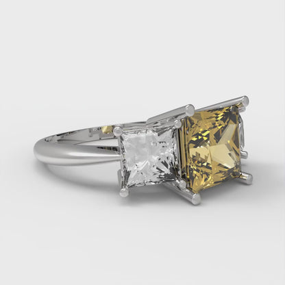 2.5 cttw Zirconia Simulated Yellow Diamond Three-Stone Engagement Ring - Solid Gold (VVS1, Princess Cut,6.5 mm)