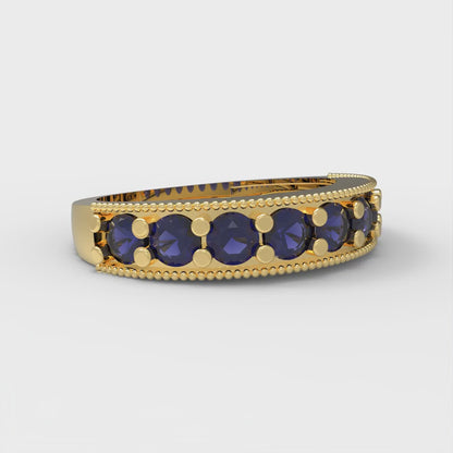 0.81 cttw Simulated Blue Sapphire Round Cut Yellow Gold Eternity Wedding Band