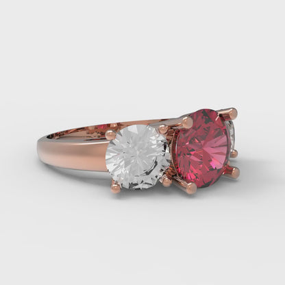 3 cttw Simulated Ruby Three-Stone Engagement Ring - Solid Rose Gold (VVS1, Round Cut,7.5mm)