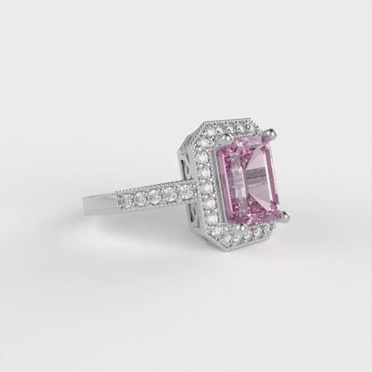 2.78 cttw Zirconia Simulated Pink Diamond Hidden Halo Engagement Ring - Solid White Gold (VVS1, Emerald Cut,8.5x6.5mm)