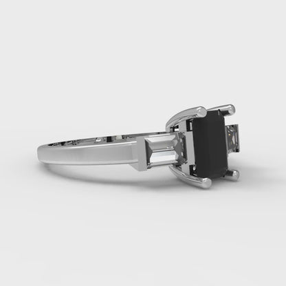 0.8 cttw Natural Onyx Three-Stone Engagement Ring - Solid Gold (Emerald Cut,6x4mm)