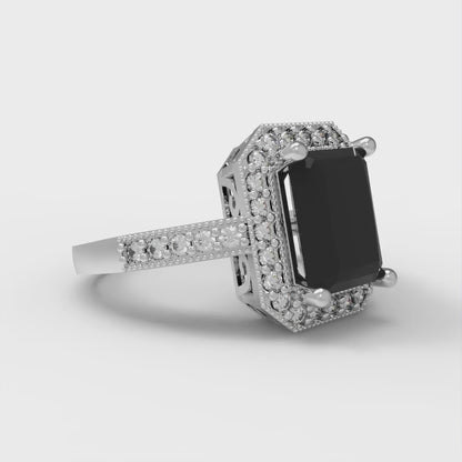 2.78 cttw Natural Onyx Hidden Halo Engagement Ring - Solid Gold (Emerald Cut,8.5x6.5mm)