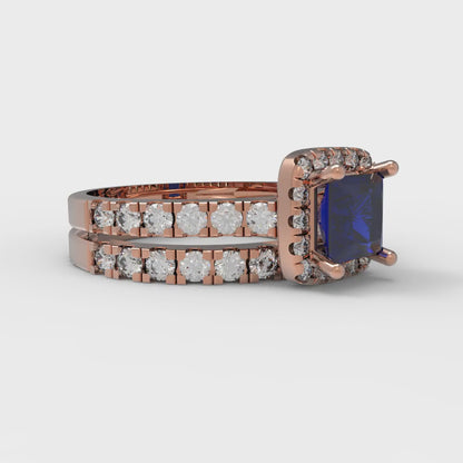1.56 cttw Princess Cut Simulated Blue Sapphire Bridal Set - Solid Rose Gold Engagement Ring & Wedding Band