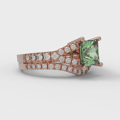 3.4 cttw Princess Cut Simulated Green Diamond Bridal Set - Solid Rose Gold Engagement Ring & Wedding Band