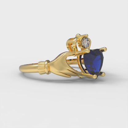 1.06 cttw Simulated Blue Sapphire Celtic Claddagh Engagement Ring - Solid Gold (Heart Cut,6.5mm)