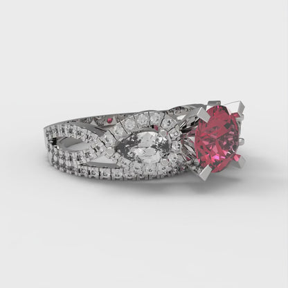 1.925 cttw Round Cut Simulated Pink Tourmaline Bridal Set - Solid White Gold Engagement Ring & Wedding Band