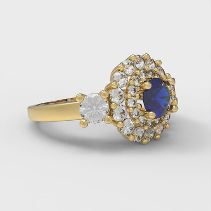 1.4 cttw Simulated Blue Sapphire Hidden Halo Engagement Ring - Solid Gold (Round Cut,5.0mm)