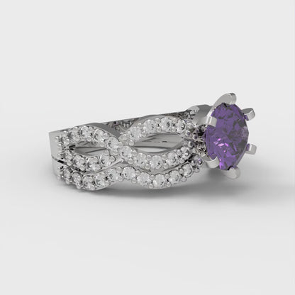 1.57 cttw Round Cut Natural Amethyst Bridal Set - Solid White Gold  Engagement Ring & Wedding Band