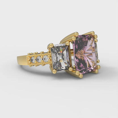4.27 cttw Zirconia Simulated Pink Diamond Three-Stone Engagement Ring - Solid Gold (VVS1, Emerald Cut,9x7mm)