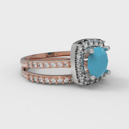1.495 cttw Round Cut Simulated Turquoise Bridal Set - Solid Rose/White Gold Engagement Ring & Wedding Band