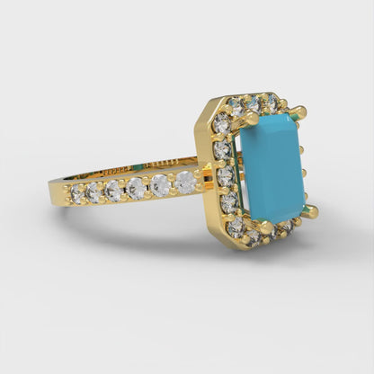2.16 cttw Emerald Cut Simulated Turquoise Bridal Set - Solid Yellow Gold Engagement Ring & Wedding Band