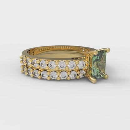 1.325 cttw Emerald Cut Simulated Green Diamond Bridal Set - Solid Yellow Gold Engagement Ring & Wedding Band