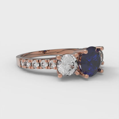 1.97 cttw Simulated Blue Sapphire Three-Stone Engagement Ring - Solid Gold (Round Cut,6.5mm)