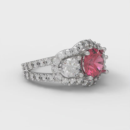 2.16 cttw Simulated Pink Tourmaline Three-Stone Engagement Ring - Solid White Gold (VVS1, Round Cut,6.5mm)