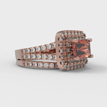 3.05 cttw Emerald Cut Simulated Red Diamond Bridal Set - Solid Rose Gold Engagement Ring & Wedding Band