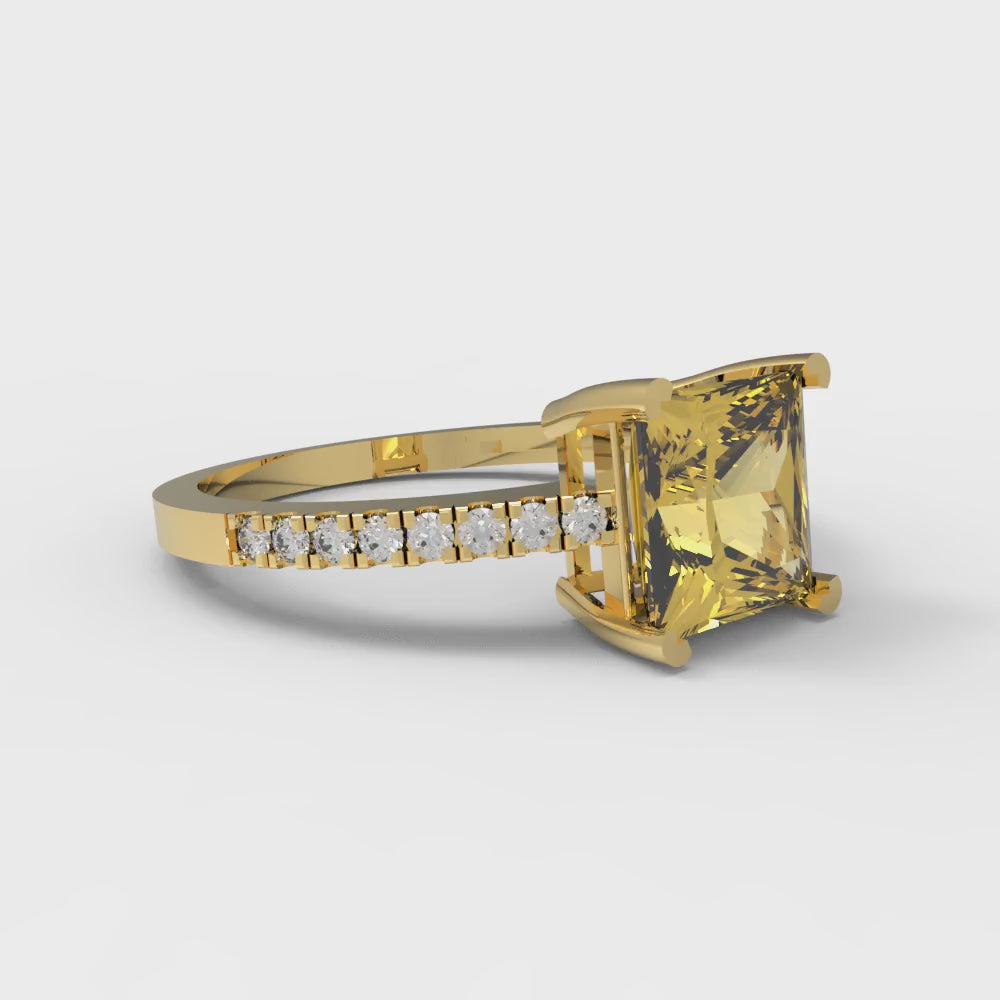 1.62 cttw Natural Citrine Solitaire with Zirconia Simulated Diamond Accents Engagement Ring - Solid Gold (Princess Cut,6.5mm)