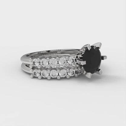 1.66 cttw Round Cut Natural Onyx Bridal Set - Solid White Gold Engagement Ring & Wedding Band