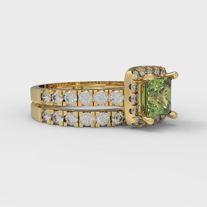 1.56 cttw Princess Cut Natural Peridot Bridal Set - Solid Yellow Gold Engagement Ring & Wedding Band