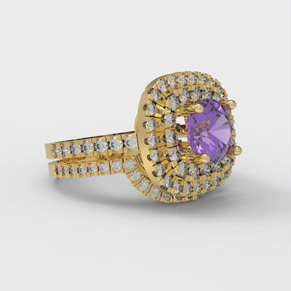 1.7825 cttw Round Cut Simulated Alexandrite Bridal Set - Solid Yellow Gold Engagement Ring & Wedding Band