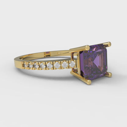 2.7 cttw Natural Amethyst Solitaire with Zirconia Simulated Diamond Accents Engagement Ring - Solid Gold (Asscher Cut,6.5mm)