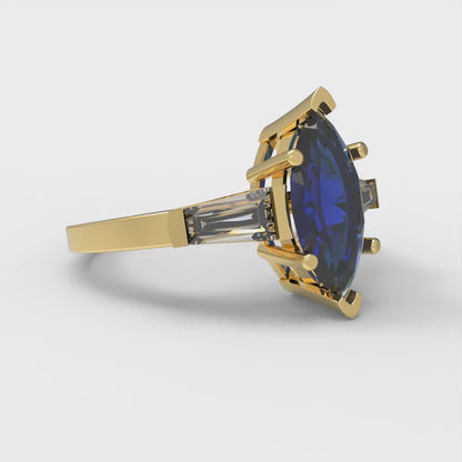 2 cttw Simulated Blue Sapphire Three-Stone Engagement Ring - Solid Gold (Marquise Cut,11x5.5mm)