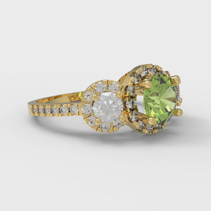 1.46 cttw Natural Peridot Three-Stone Engagement Ring - Solid Yellow Gold (VVS1, Round Cut,6.0mm)